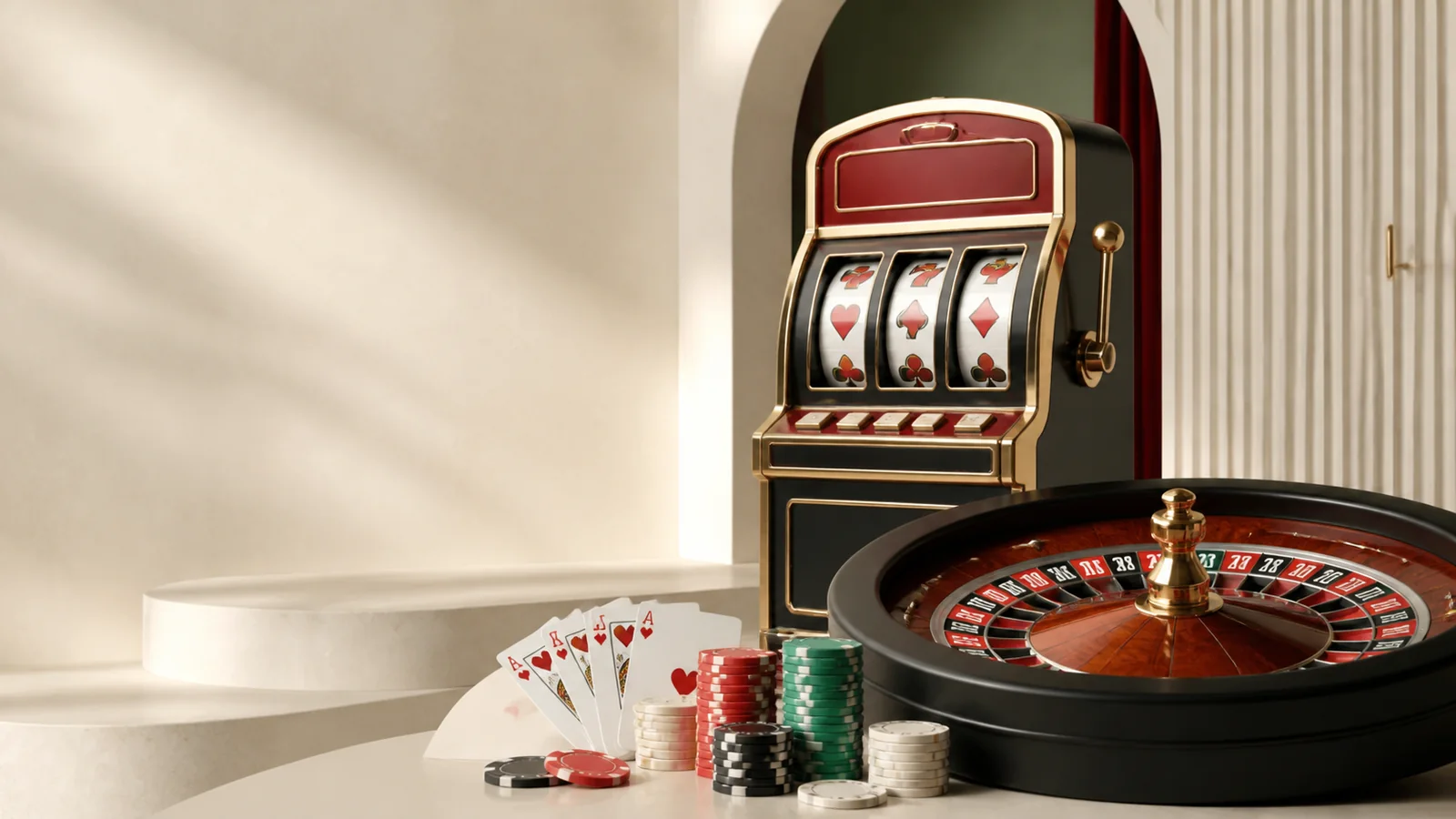 Kolase editorial kasino P200M dengan mesin slot, roda roulette, kartu dan chip