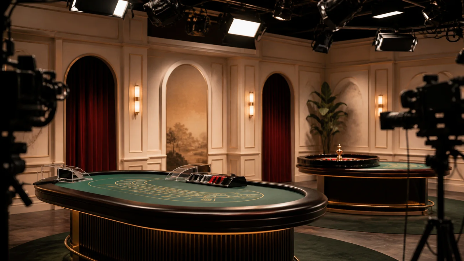 Studio kasino langsung dengan meja baccarat dan roulette tanpa pemain